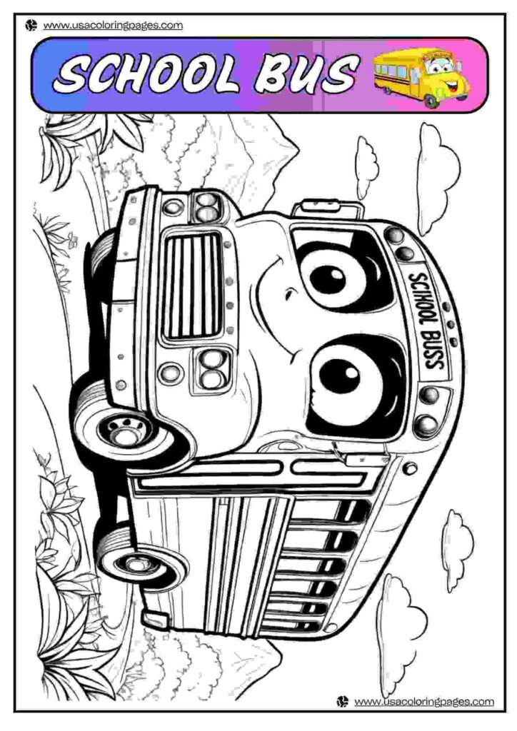 Cartoon Face School Bus in Jungle Coloring Pages | April 1, 2025 Cartoon Face School Bus in Jungle Coloring Pages | 40+🚌 School Bus Coloring Pages – School Bus Lineart Printable PDF