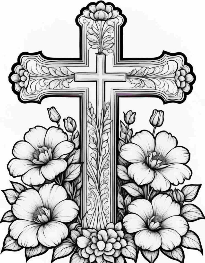 Cross with flowers | April 16, 2025 Cross with flowers | 40+ 🕊️ Good Friday Coloring Pages - Free Printable PDF
