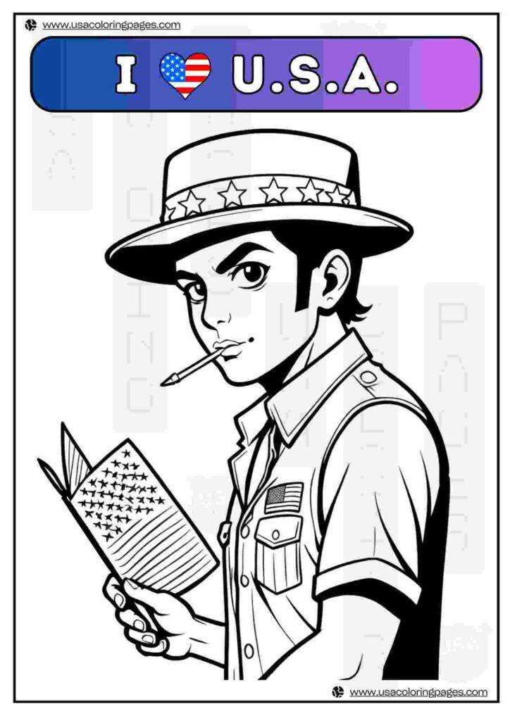I Love USA Boy with Sam hat | April 30, 2025 I Love USA Boy with Sam hat | ๐บ๐ธ USA Coloring Pages โ USA Lineart Printable PDF