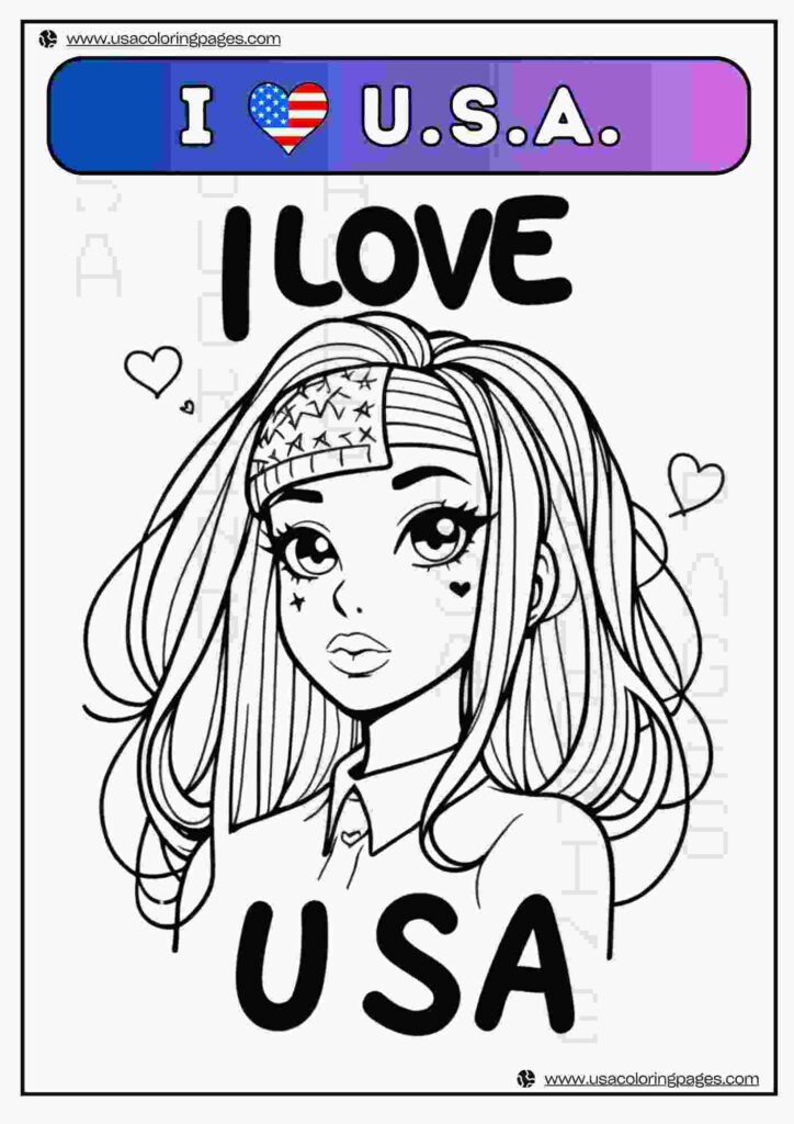 I Love USA Fan Girl | April 30, 2025 I Love USA Fan Girl | ๐บ๐ธ USA Coloring Pages โ USA Lineart Printable PDF
