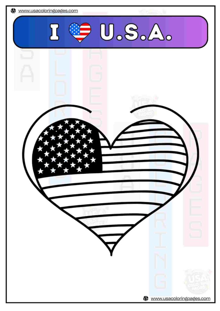 I Love USA Flag Heart 1 | April 30, 2025 I Love USA Flag Heart 1 | ๐บ๐ธ USA Coloring Pages โ USA Lineart Printable PDF
