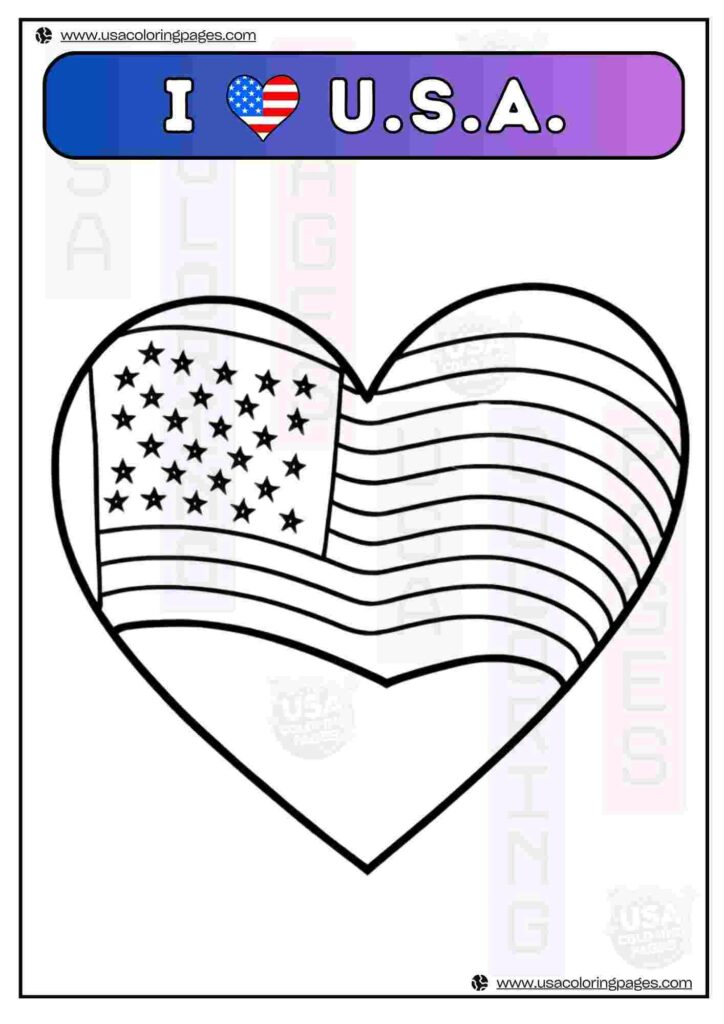 I Love USA Flag Heart | April 30, 2025 I Love USA Flag Heart | ๐บ๐ธ USA Coloring Pages โ USA Lineart Printable PDF