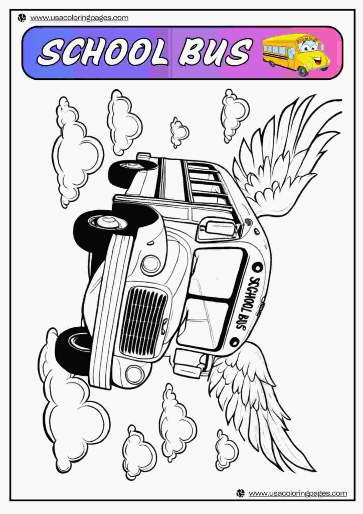 Magical School Bus Flying Coloring Page | April 1, 2025 Magical School Bus Flying Coloring Page | 40+🚌 School Bus Coloring Pages – School Bus Lineart Printable PDF