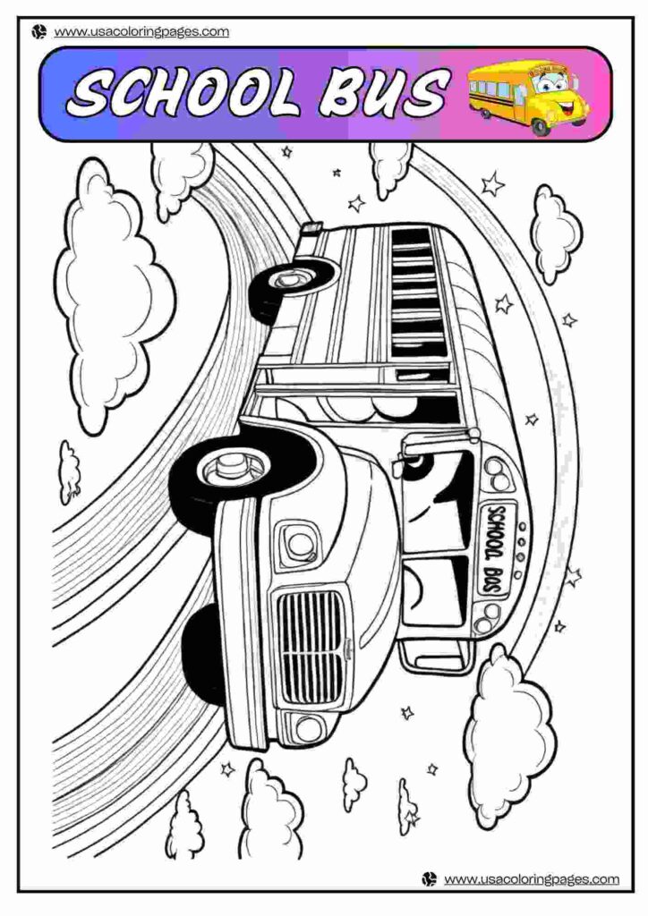Schoo Bus Traveling on Rainbow | April 1, 2025 Schoo Bus Traveling on Rainbow | 40+🚌 School Bus Coloring Pages – School Bus Lineart Printable PDF