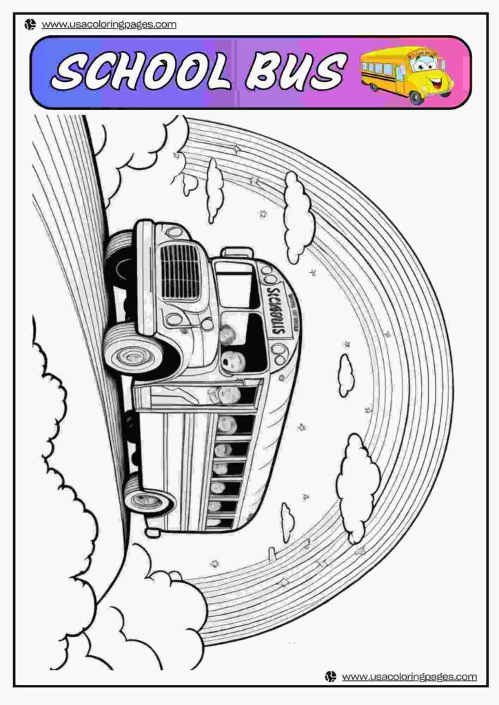 Schoolbus Traveling on Rainbow Coloring Pages | April 1, 2025 Schoolbus Traveling on Rainbow Coloring Pages | 40+🚌 School Bus Coloring Pages – School Bus Lineart Printable PDF
