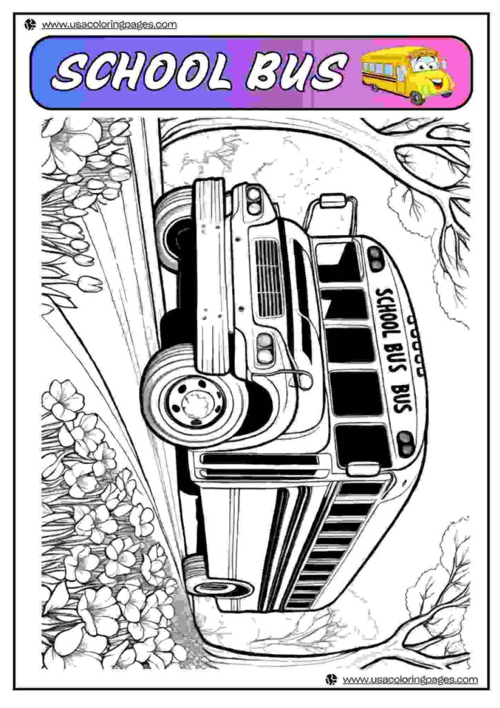 Schoolbus in the Spring Garden | April 1, 2025 Schoolbus in the Spring Garden | 40+🚌 School Bus Coloring Pages – School Bus Lineart Printable PDF