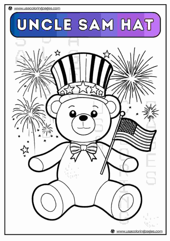 Uncle Sam Hat Teddy | April 30, 2025 Uncle Sam Hat Teddy | ๐บ๐ธ USA Coloring Pages โ USA Lineart Printable PDF
