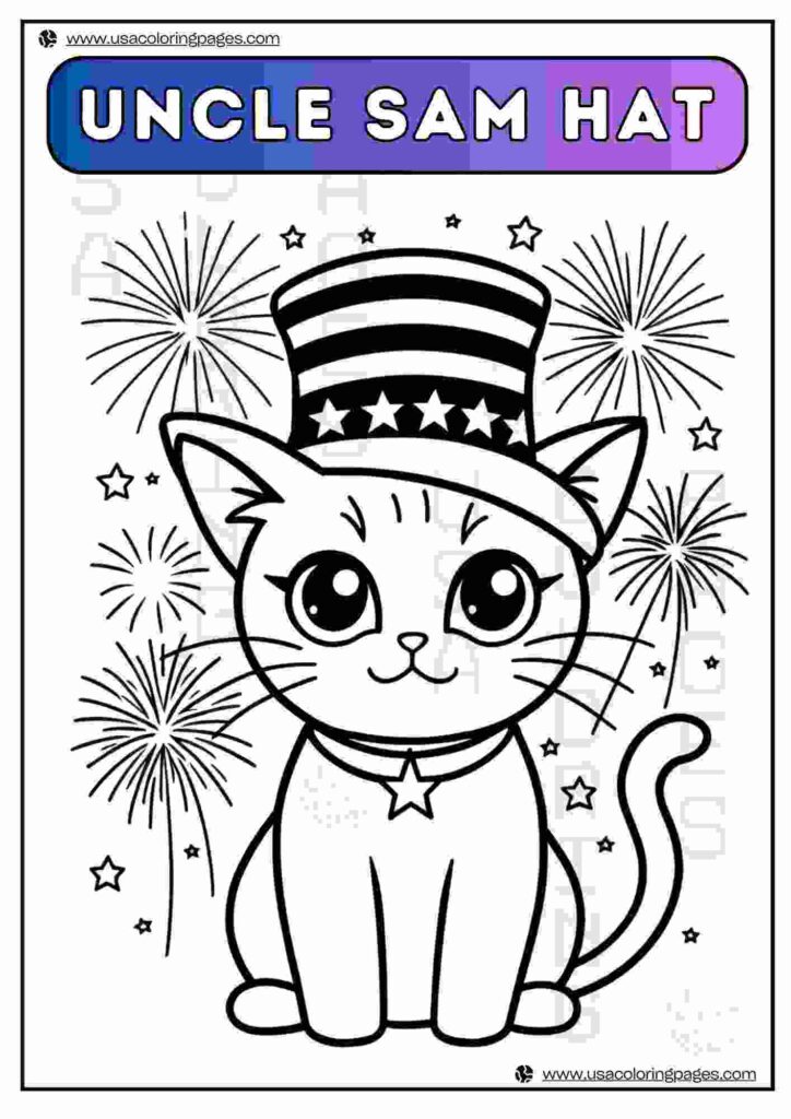Uncle Sam Hat kitty | April 30, 2025 Uncle Sam Hat kitty | ๐บ๐ธ USA Coloring Pages โ USA Lineart Printable PDF